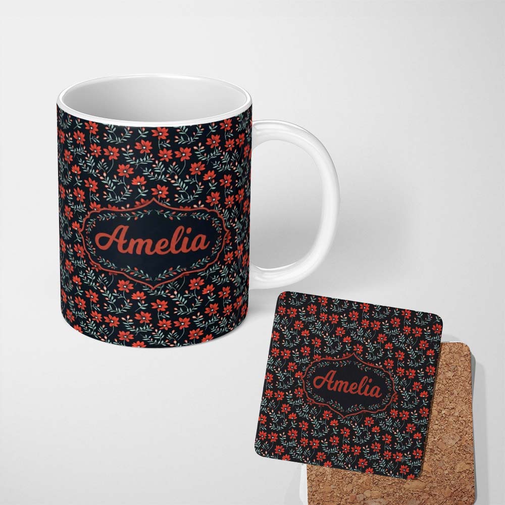 Personalized Custom Name Bold Red Floral Sprigs on Dark Background Seamless Pattern Name Cute 11oz Ceramic Coffee Tea Mug White Large Handle