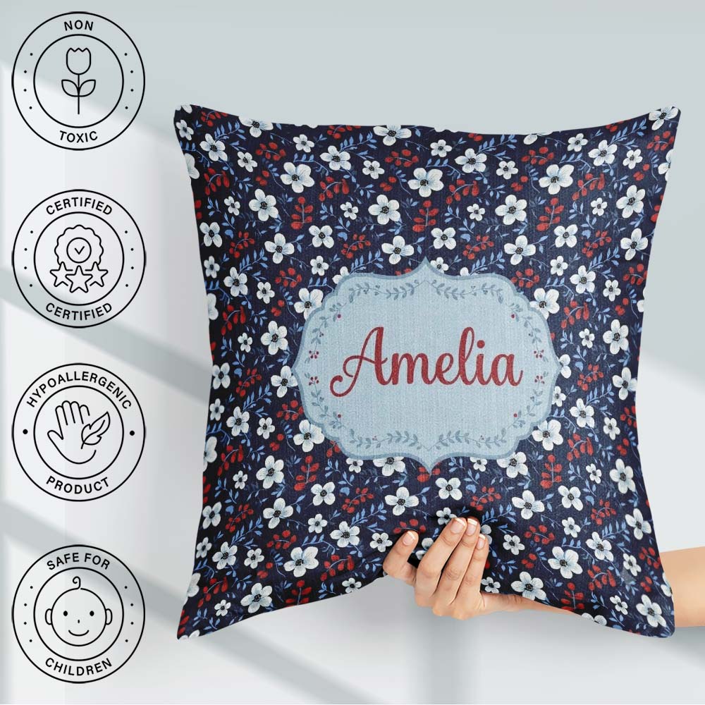 Custom Name Navy Floral with White Blossoms and Berries Seamless Square Filled Cushion Throw Pillow Sofa Bed Home Decor Zip Washable UK Made