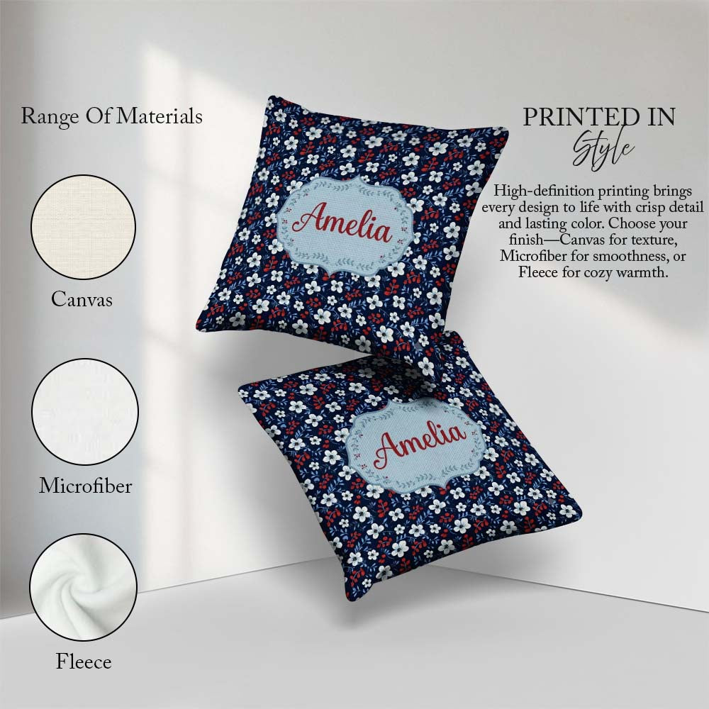 Custom Name Navy Floral with White Blossoms and Berries Seamless Square Filled Cushion Throw Pillow Sofa Bed Home Decor Zip Washable UK Made