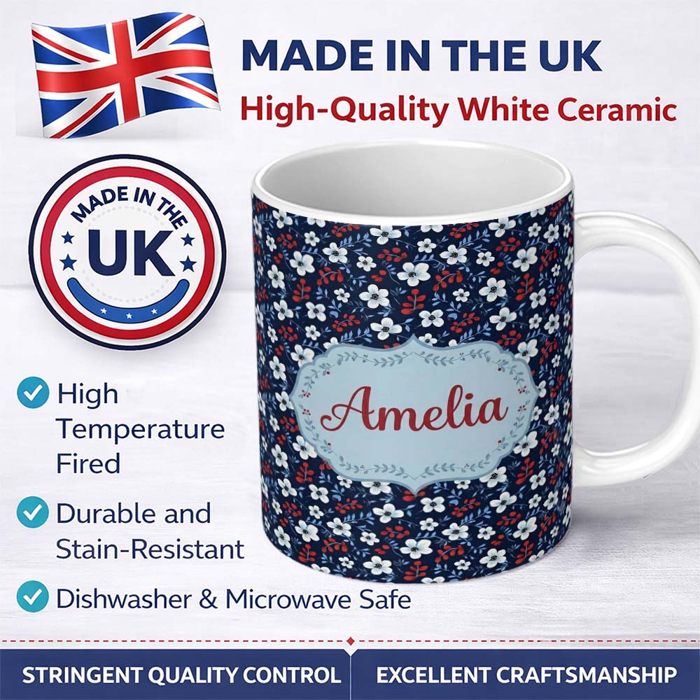 Personalized Custom Name Navy Floral with White Blossoms and Red Berries Seamless Pattern 11oz Ceramic Coffee Tea Mug White Large Handle