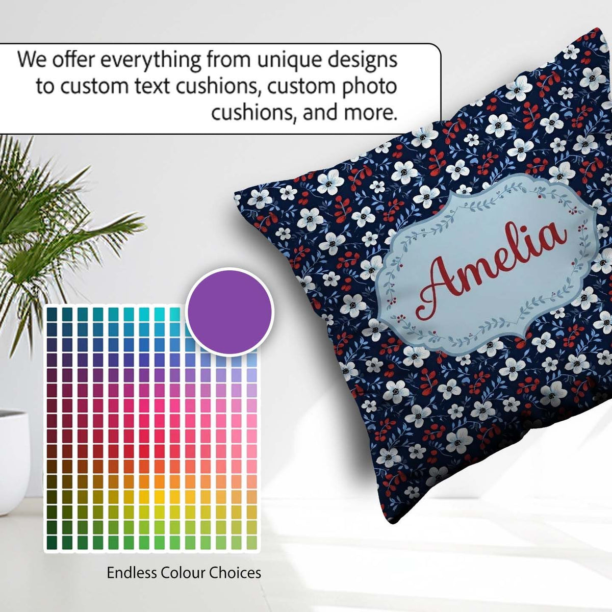 Custom Name Navy Floral with White Blossoms and Berries Seamless Square Filled Cushion Throw Pillow Sofa Bed Home Decor Zip Washable UK Made