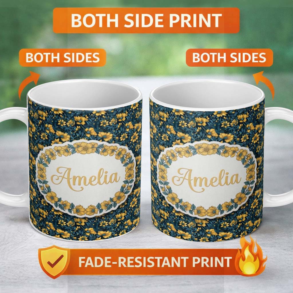 Personalized Custom Name Golden Yellow Flowers on Dark Blue Botanical Seamless Pattern Name 11oz Ceramic Coffee Tea Mug White Large Handle