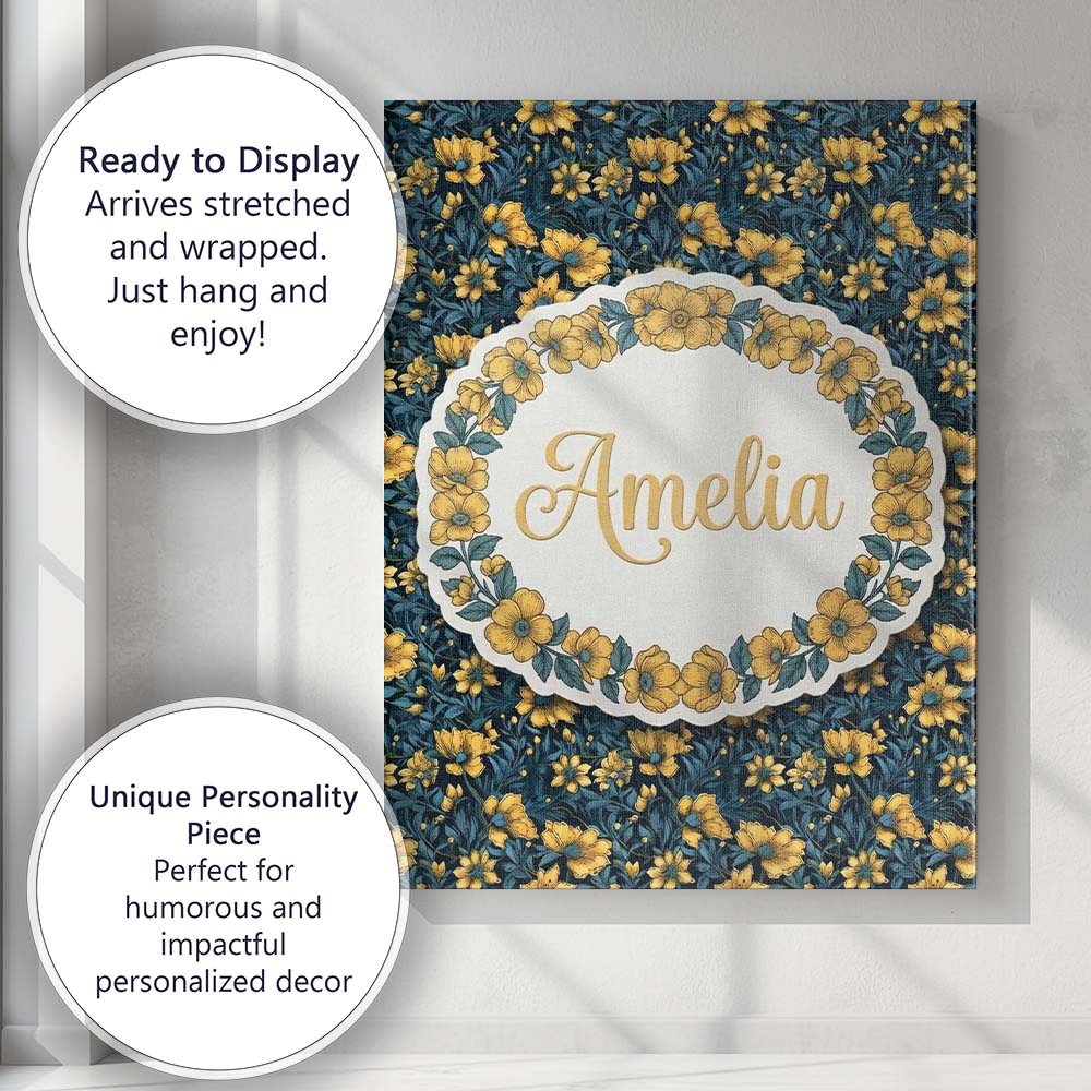 Personalised Name Golden Yellow Flowers on Custom Unique Gift Idea Elegant Feature Canvas Wall Art Print Decor Picture Ready to Hang