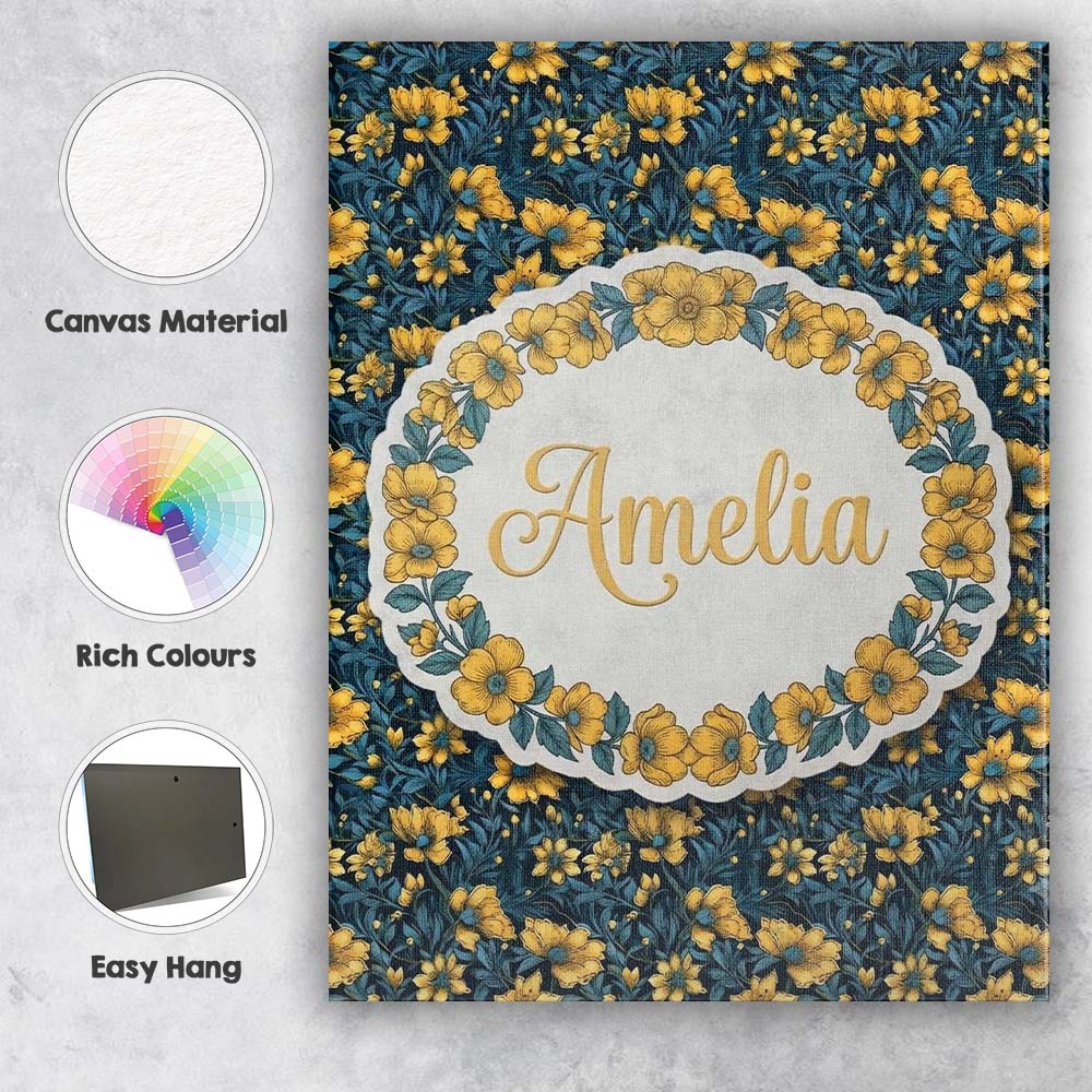 Personalised Name Golden Yellow Flowers on Custom Unique Gift Idea Elegant Feature Canvas Wall Art Print Decor Picture Ready to Hang