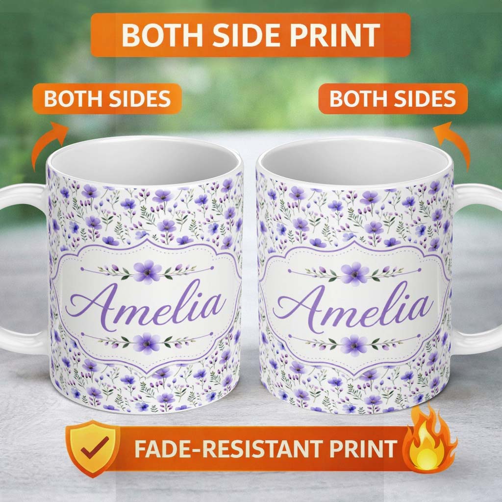 Personalized Custom Name Purple Wildflowers and Delicate Botanical Stems Seamless Pattern 11oz Ceramic Coffee Tea Mug White Large Handle
