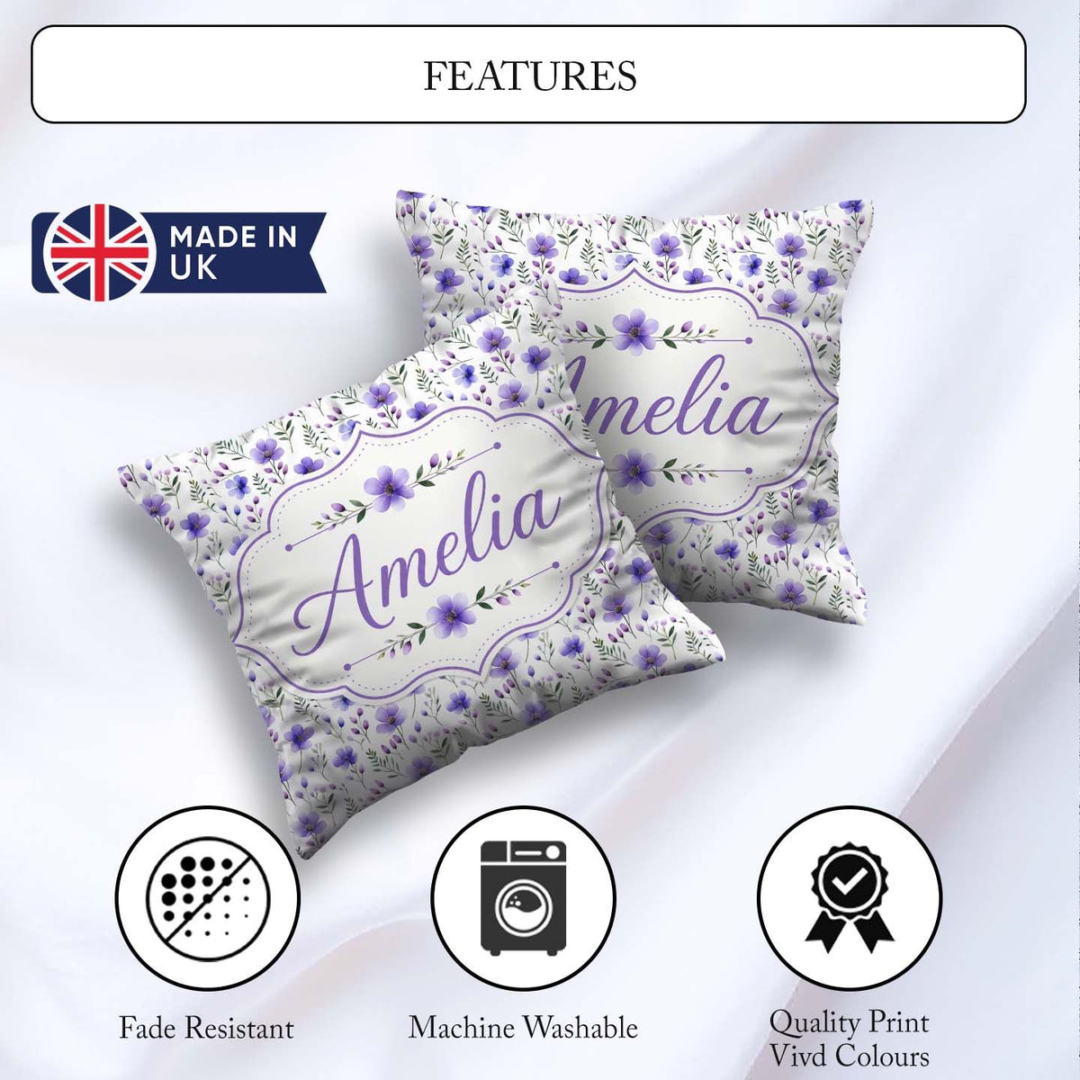 Custom Name Purple and Delicate Botanical Stems Seamless Pattern Square Filled Cushion Throw Pillow Sofa Bed Home Decor Zip Washable UK Made