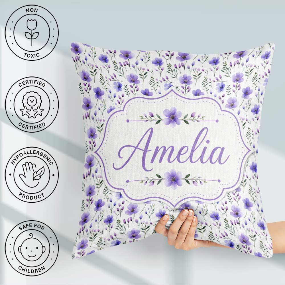 Custom Name Purple and Delicate Botanical Stems Seamless Pattern Square Filled Cushion Throw Pillow Sofa Bed Home Decor Zip Washable UK Made