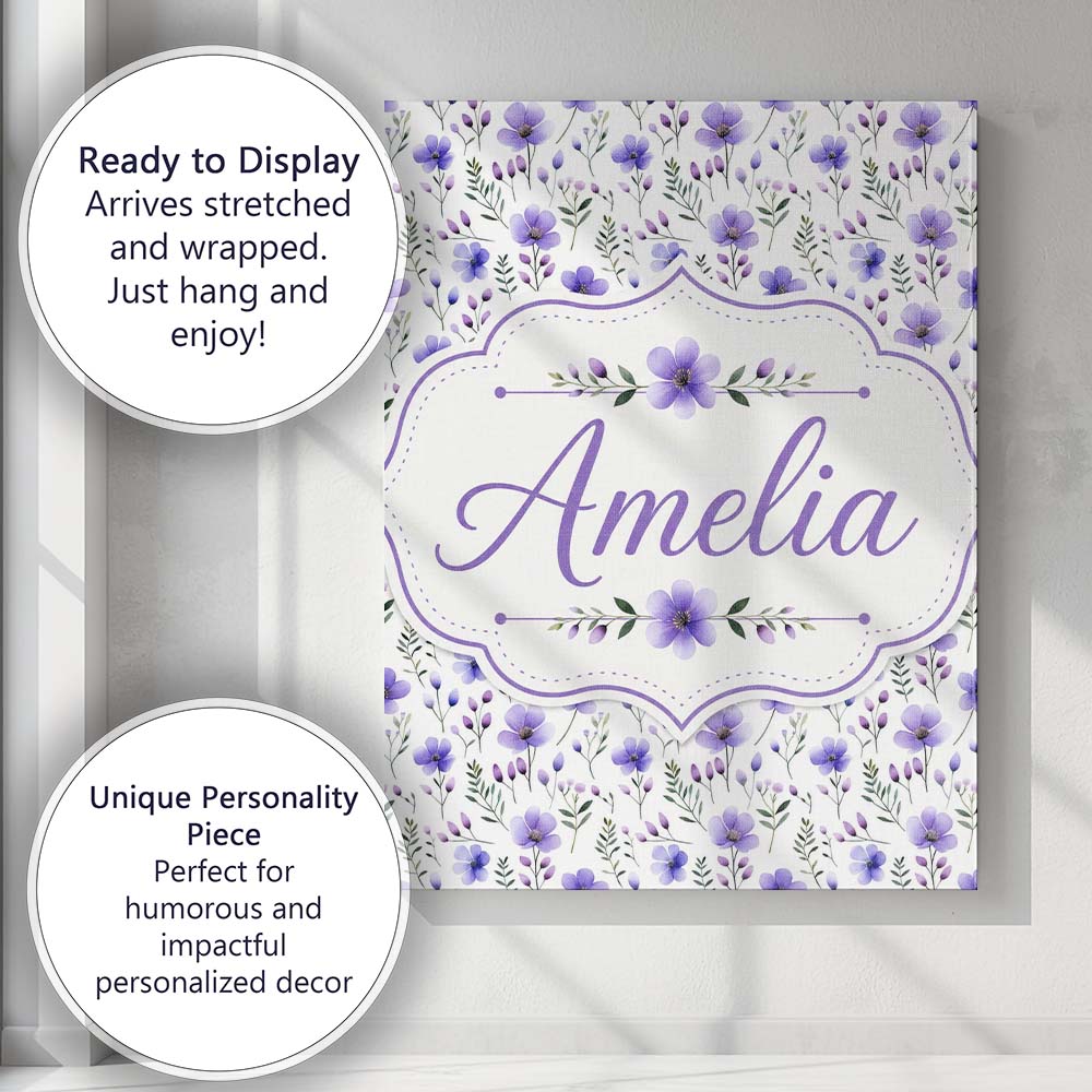 Personalised Name Purple Wildflowers and Custom Unique Gift Idea Elegant Feature Canvas Wall Art Print Decor Picture Ready to Hang