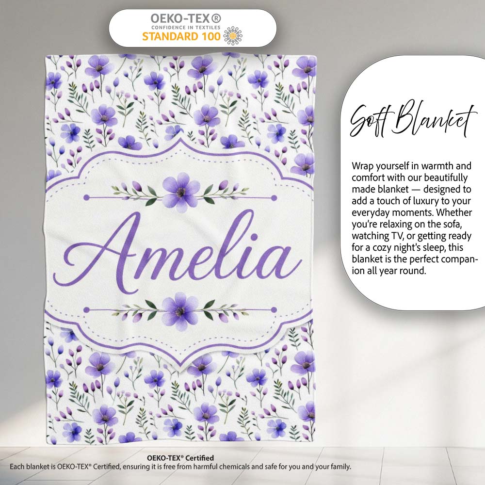 Purple Wildflowers and Delicate Botanical Stems Seamless Pattern Personalised Custom Name Super Soft Fleece Blanket Bed Sofa Throw