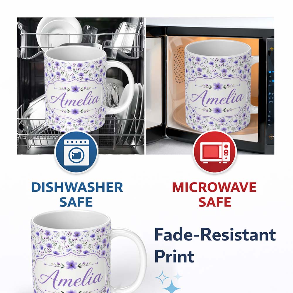 Personalized Custom Name Purple Wildflowers and Delicate Botanical Stems Seamless Pattern 11oz Ceramic Coffee Tea Mug White Large Handle