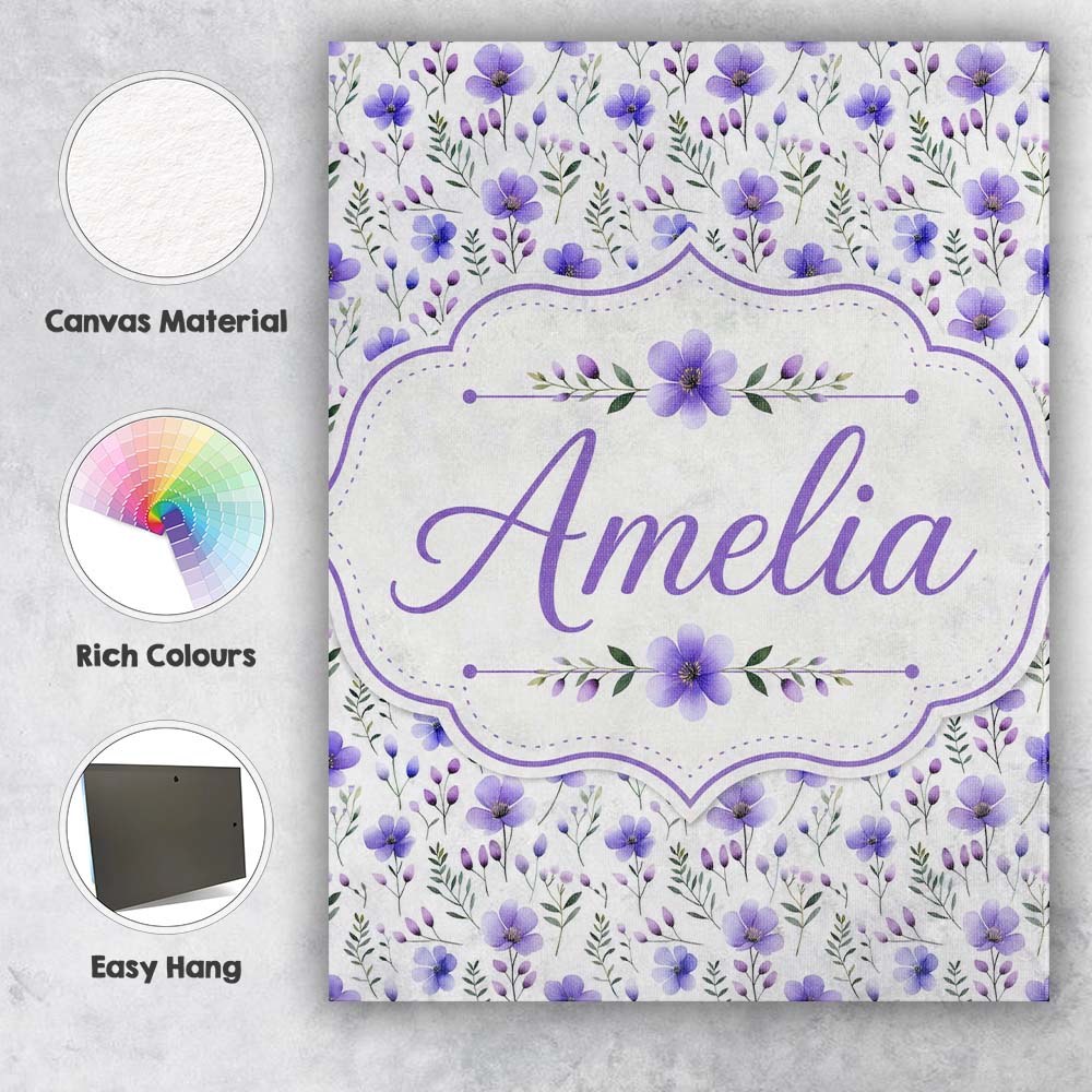 Personalised Name Purple Wildflowers and Custom Unique Gift Idea Elegant Feature Canvas Wall Art Print Decor Picture Ready to Hang