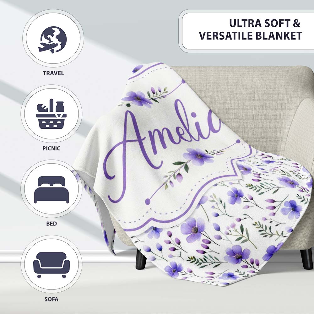 Purple Wildflowers and Delicate Botanical Stems Seamless Pattern Personalised Custom Name Super Soft Fleece Blanket Bed Sofa Throw