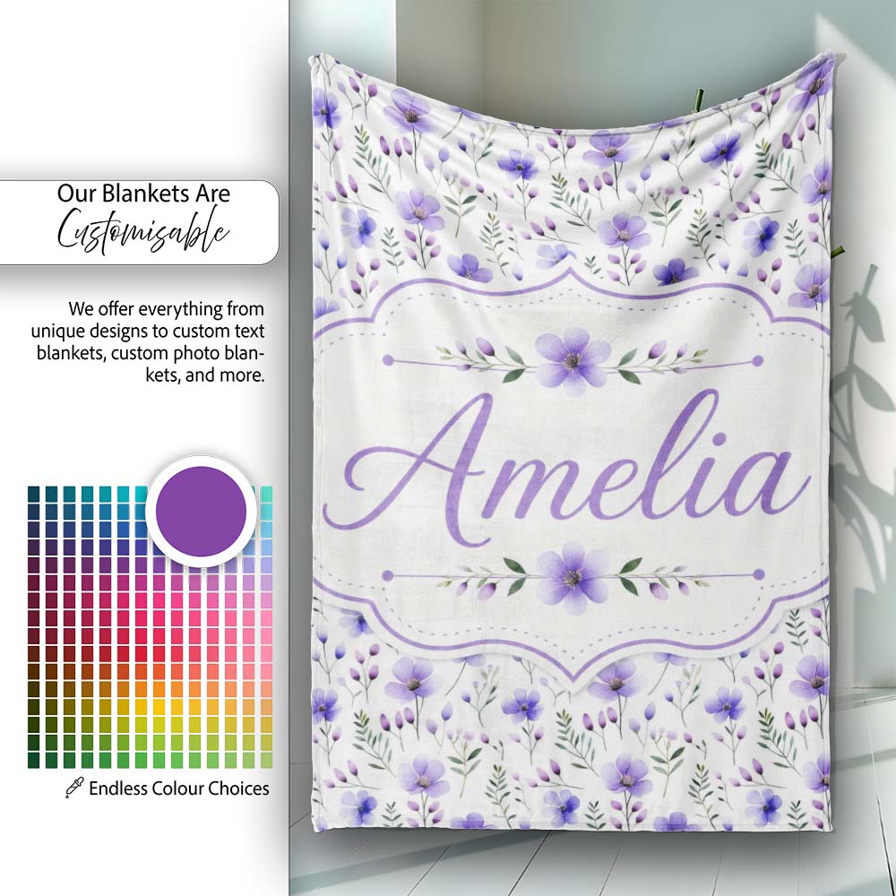 Purple Wildflowers and Delicate Botanical Stems Seamless Pattern Personalised Custom Name Super Soft Fleece Blanket Bed Sofa Throw