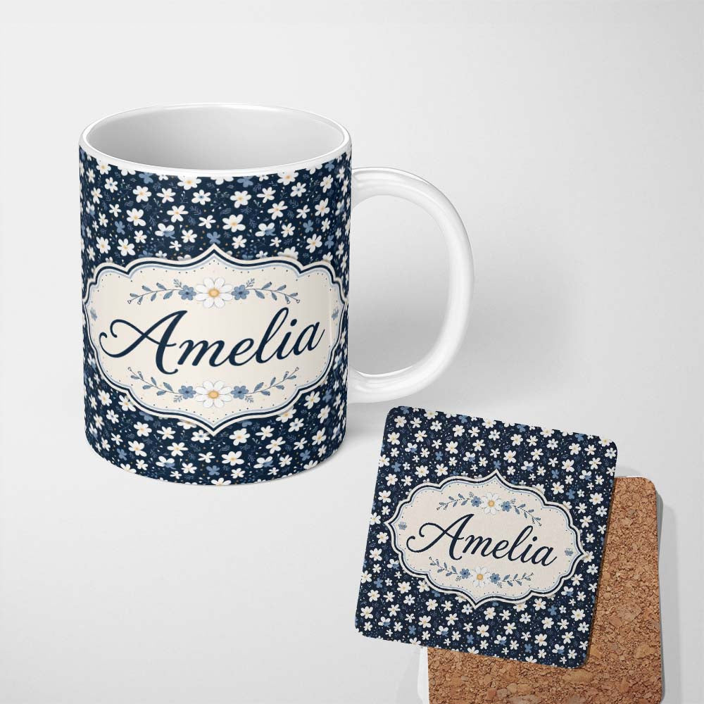 Personalized Custom Name White Daisy Flowers on Deep Navy Background Seamless Pattern Name 11oz Ceramic Coffee Tea Mug White Large Handle