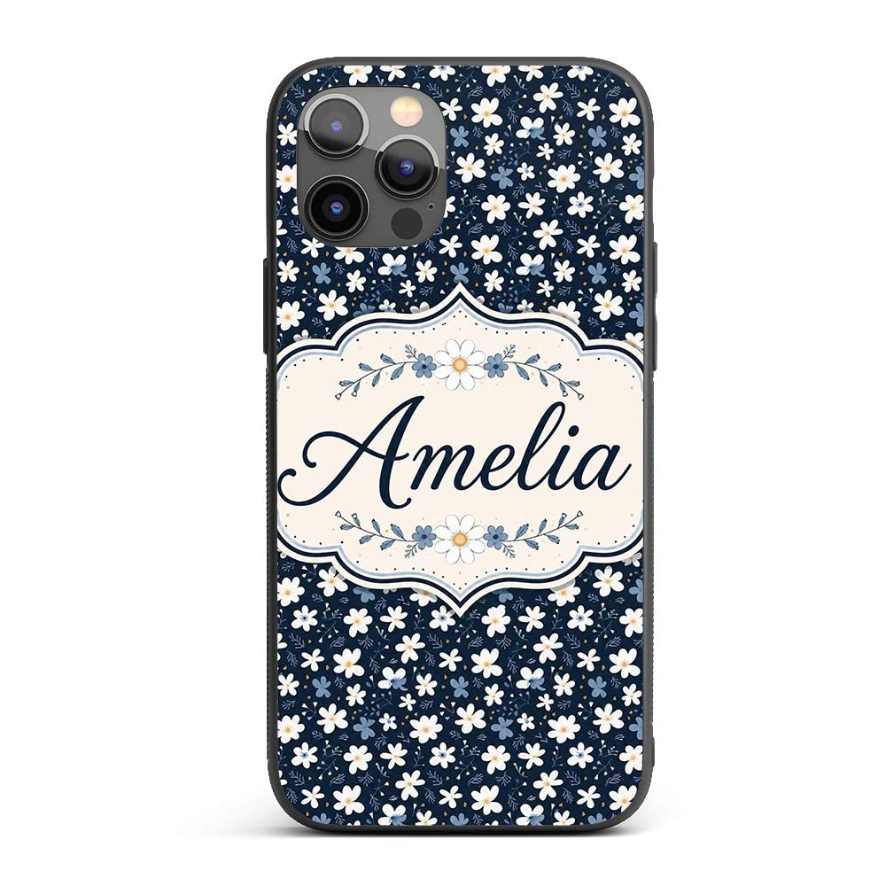 White Daisy Flowers on Deep Navy Printed Design Custom Name Protective Phone Case Mobile Cover Durable Everyday Smartphone Shock Resistant