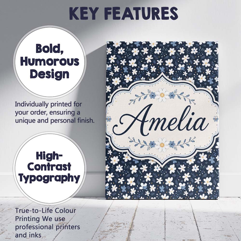 Personalised Name White Daisy Flowers on Custom Unique Gift Idea Elegant Feature Canvas Wall Art Print Decor Picture Ready to Hang