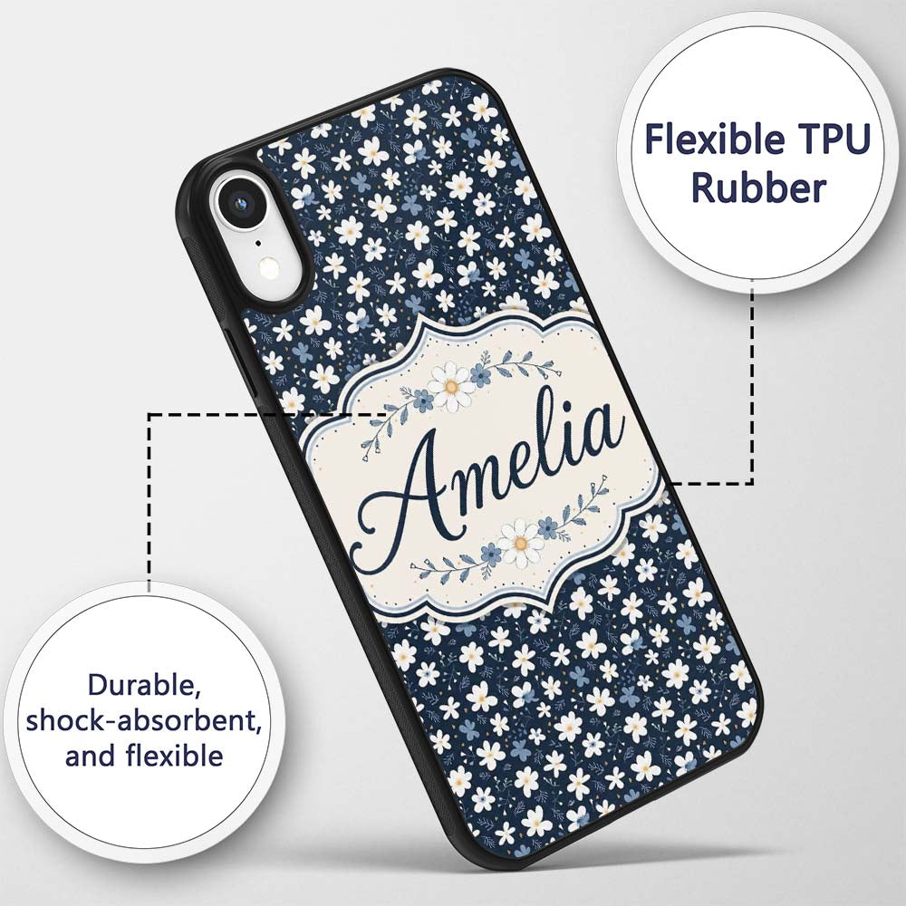 White Daisy Flowers on Deep Navy Printed Design Custom Name Protective Phone Case Mobile Cover Durable Everyday Smartphone Shock Resistant