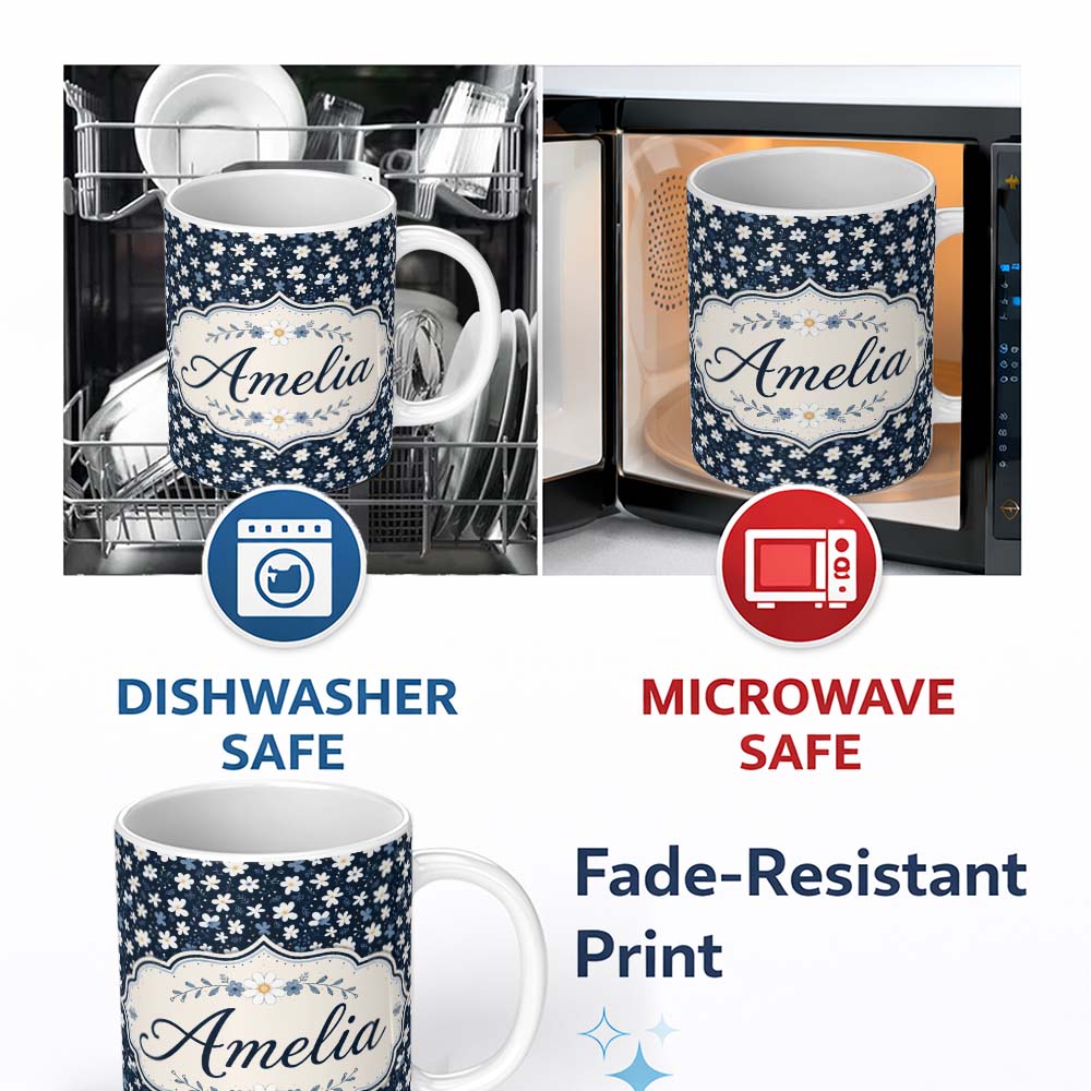 Personalized Custom Name White Daisy Flowers on Deep Navy Background Seamless Pattern Name 11oz Ceramic Coffee Tea Mug White Large Handle