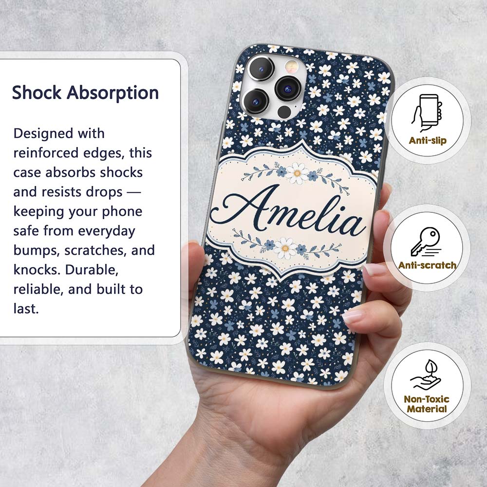 White Daisy Flowers on Deep Navy Printed Design Custom Name Protective Phone Case Mobile Cover Durable Everyday Smartphone Shock Resistant