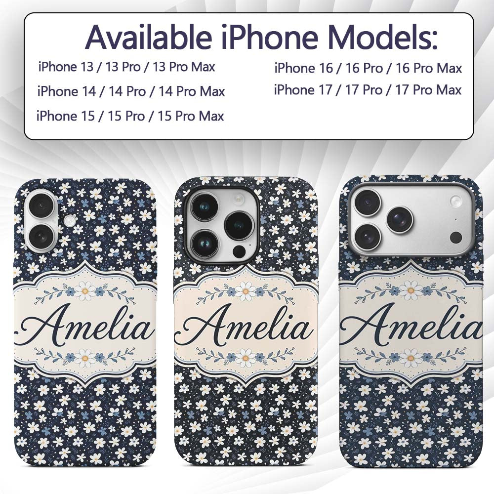 White Daisy Flowers on Deep Navy Printed Design Custom Name Protective Phone Case Mobile Cover Durable Everyday Smartphone Shock Resistant