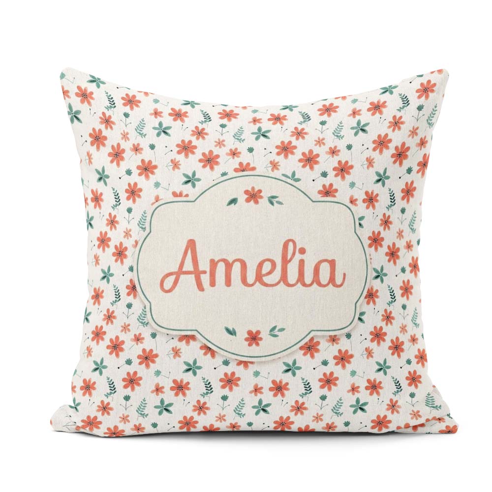 Custom Name Coral Orange Floral Sprigs with Green Leaves Pattern Square Filled Cushion Throw Pillow Sofa Bed Home Decor Zip Washable UK Made