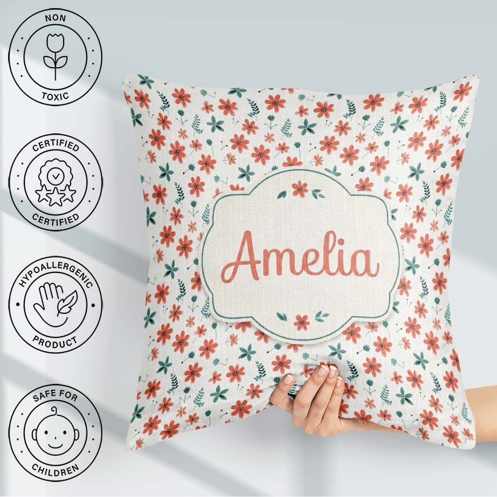 Custom Name Coral Orange Floral Sprigs with Green Leaves Pattern Square Filled Cushion Throw Pillow Sofa Bed Home Decor Zip Washable UK Made
