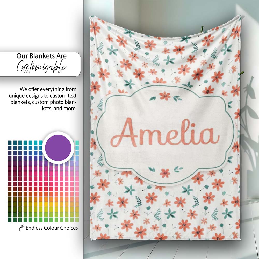Coral Orange Floral Sprigs with Green Leaves Seamless Pattern Name Personalised Custom Name Super Soft Fleece Blanket Bed Sofa Throw