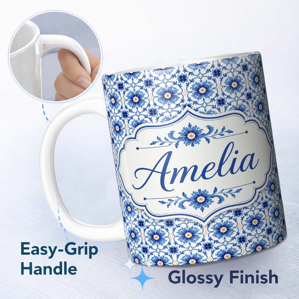 Personalized Custom Name Blue Ornamental Floral Tile Inspired Pattern Seamless Name Cute 11oz Ceramic Coffee Tea Mug White Large Handle