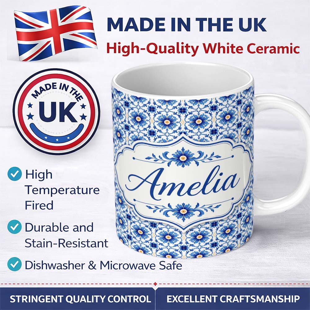 Personalized Custom Name Blue Ornamental Floral Tile Inspired Pattern Seamless Name Cute 11oz Ceramic Coffee Tea Mug White Large Handle