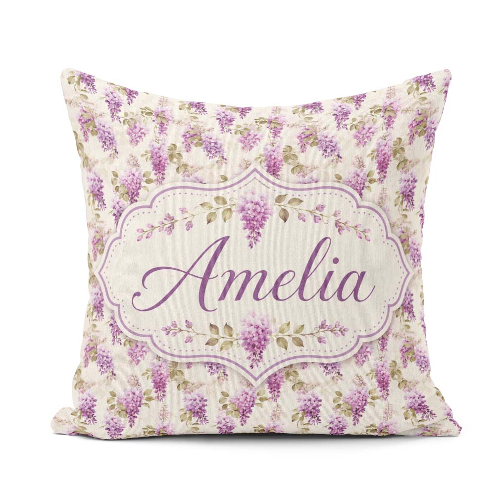 Custom Name Wisteria Hanging Blossoms Botanical Seamless Pattern Square Filled Cushion Throw Pillow Sofa Bed Home Decor Zip Washable UK Made