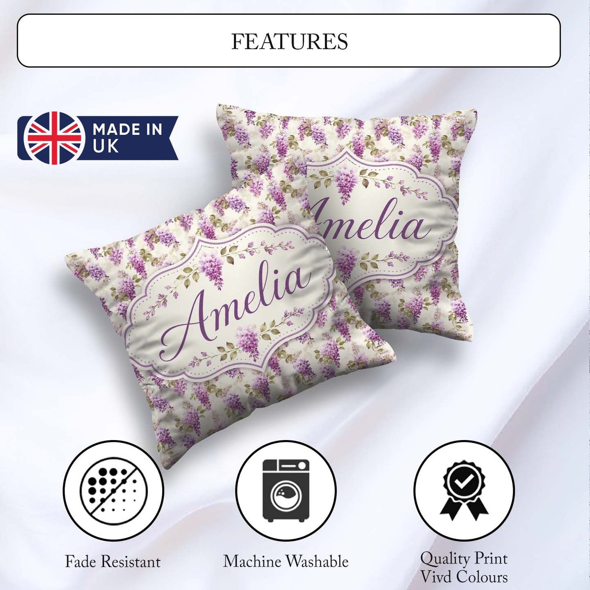 Custom Name Wisteria Hanging Blossoms Botanical Seamless Pattern Square Filled Cushion Throw Pillow Sofa Bed Home Decor Zip Washable UK Made