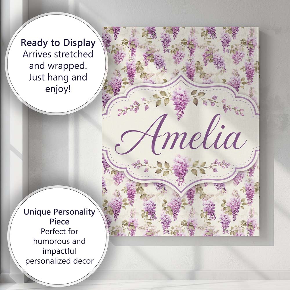 Personalised Name Soft Lilac Wisteria Custom Modern Room Accent Creative Decorator Style Canvas Wall Art Print Decor Picture Ready to Hang