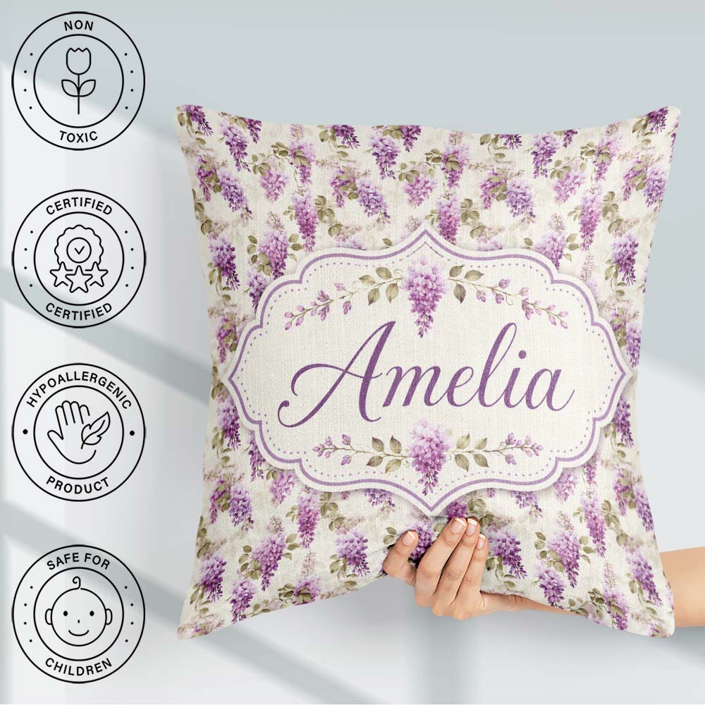 Custom Name Wisteria Hanging Blossoms Botanical Seamless Pattern Square Filled Cushion Throw Pillow Sofa Bed Home Decor Zip Washable UK Made