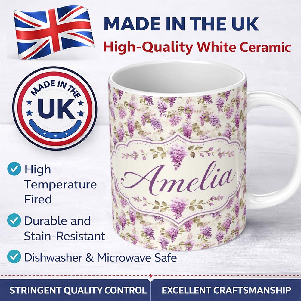 Personalized Custom Name Soft Lilac Wisteria Hanging Blossoms Botanical Seamless Pattern 11oz Ceramic Coffee Tea Mug White Large Handle