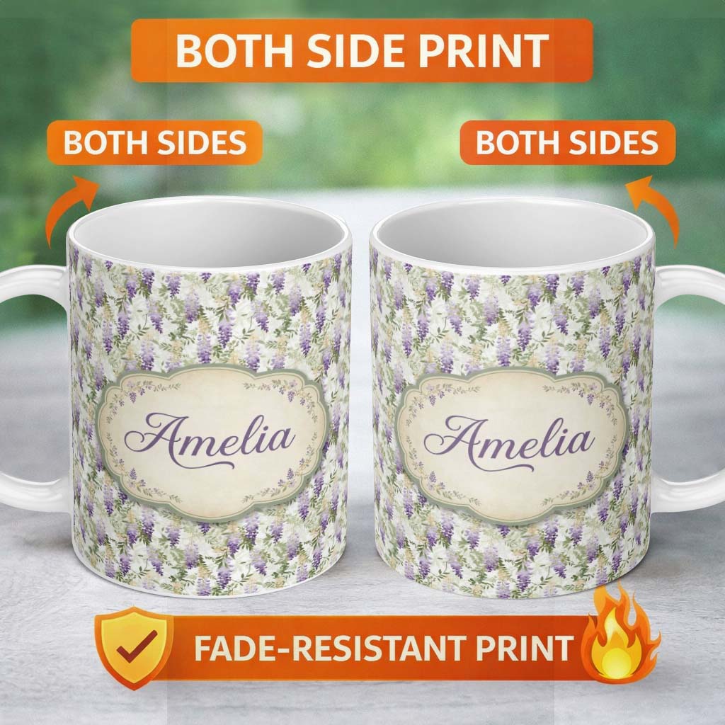 Personalized Custom Name Light Pastel Wisteria Floral Vine Elegant Seamless Pattern Name Cute 11oz Ceramic Coffee Tea Mug White Large Handle