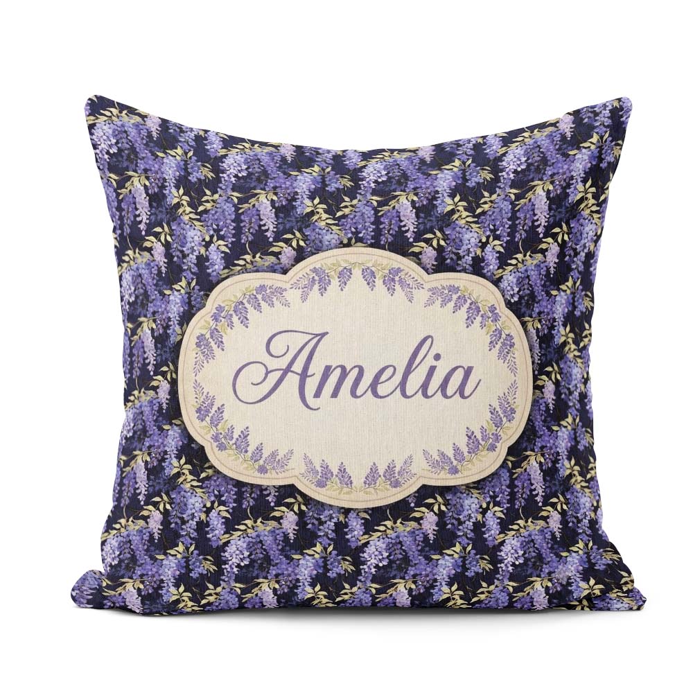 Custom Name Rich Purple Wisteria on Dark Floral Seamless Pattern Square Filled Cushion Throw Pillow Sofa Bed Home Decor Zip Washable UK Made