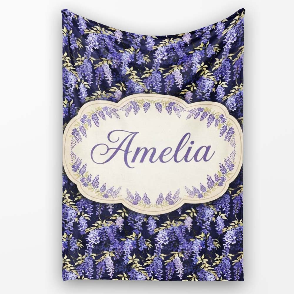 Rich Purple Wisteria on Dark Background Floral Seamless Pattern Personalised Custom Name Super Soft Fleece Blanket Bed Sofa Throw