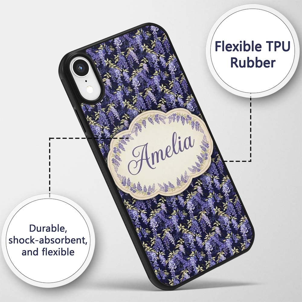 Rich Purple Wisteria on Dark Background Floral Custom Name Protective Phone Case Mobile Cover Durable Everyday Smartphone Shock Resistant