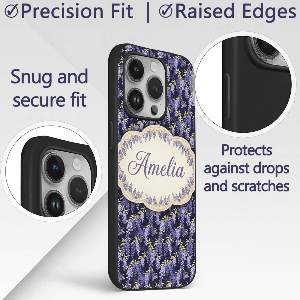 Rich Purple Wisteria on Dark Background Floral Custom Name Protective Phone Case Mobile Cover Durable Everyday Smartphone Shock Resistant