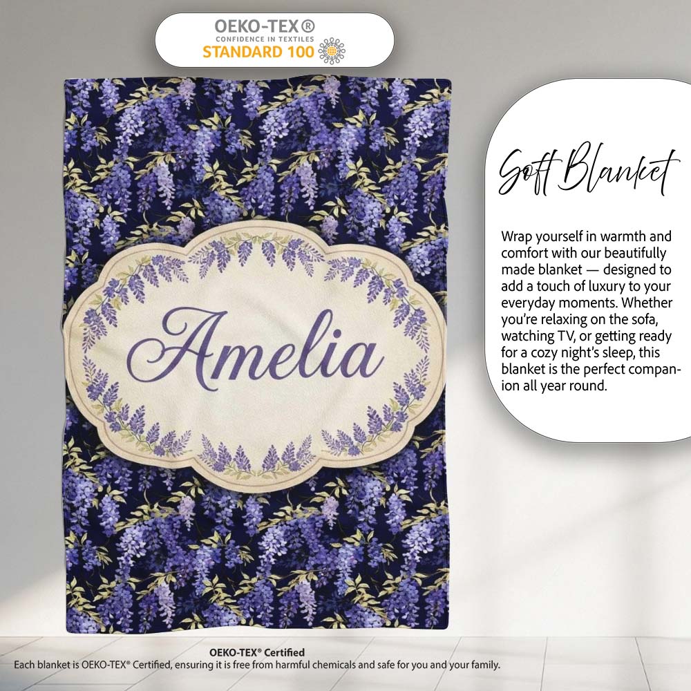 Rich Purple Wisteria on Dark Background Floral Seamless Pattern Personalised Custom Name Super Soft Fleece Blanket Bed Sofa Throw