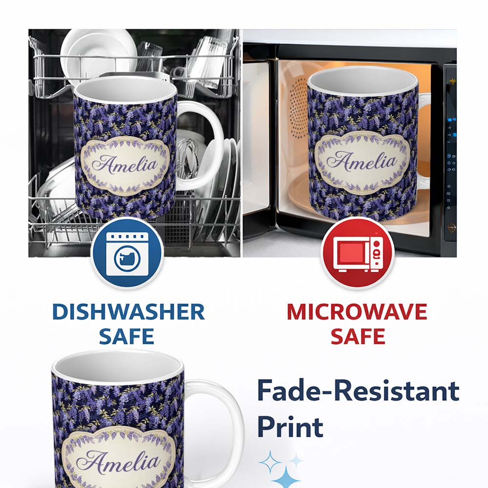 Personalized Custom Name Rich Purple Wisteria on Dark Background Floral Seamless Pattern 11oz Ceramic Coffee Tea Mug White Large Handle