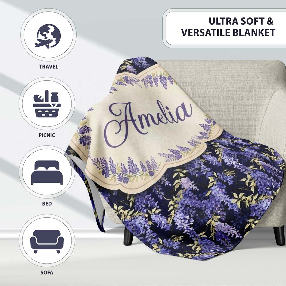 Rich Purple Wisteria on Dark Background Floral Seamless Pattern Personalised Custom Name Super Soft Fleece Blanket Bed Sofa Throw