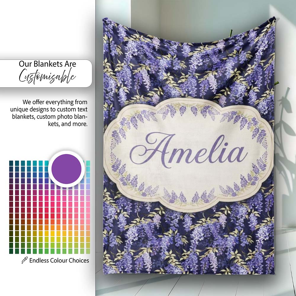 Rich Purple Wisteria on Dark Background Floral Seamless Pattern Personalised Custom Name Super Soft Fleece Blanket Bed Sofa Throw