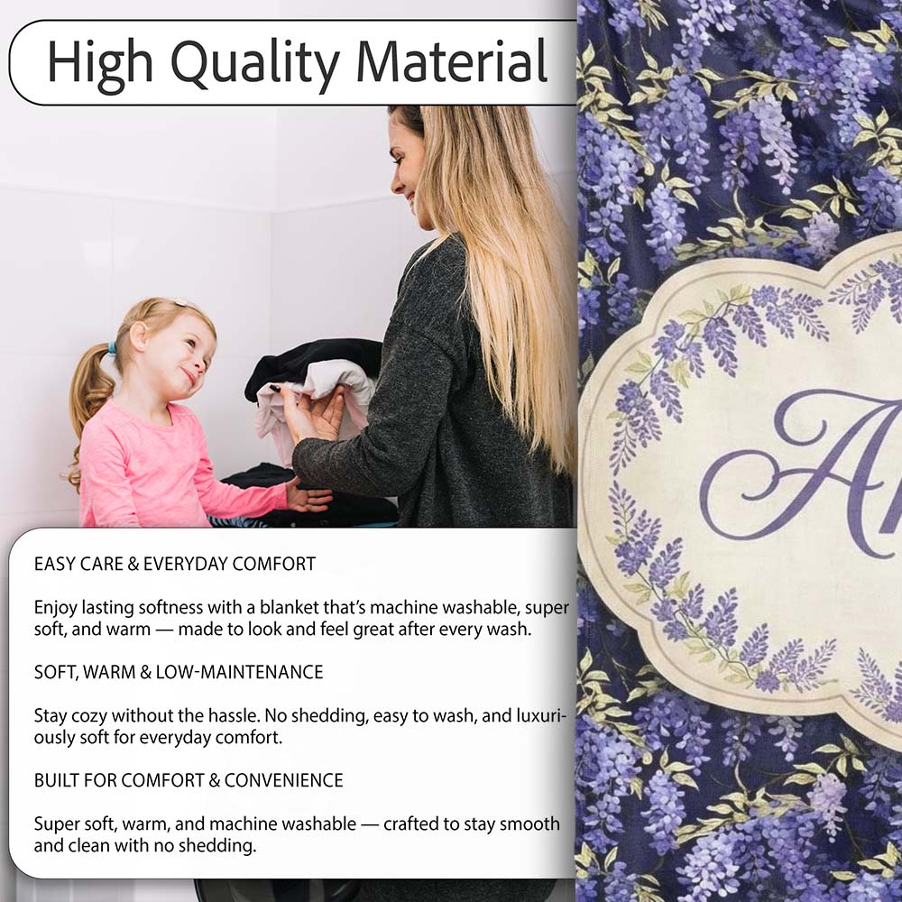 Rich Purple Wisteria on Dark Background Floral Seamless Pattern Personalised Custom Name Super Soft Fleece Blanket Bed Sofa Throw