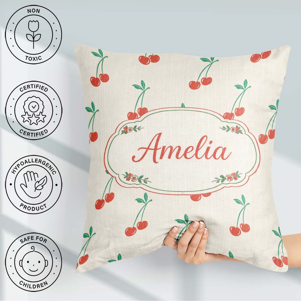 Custom Name Cute Cherry Fruit Minimal Seamless Pattern Everyday Square Filled Cushion Throw Pillow Sofa Bed Home Decor Zip Washable UK Made