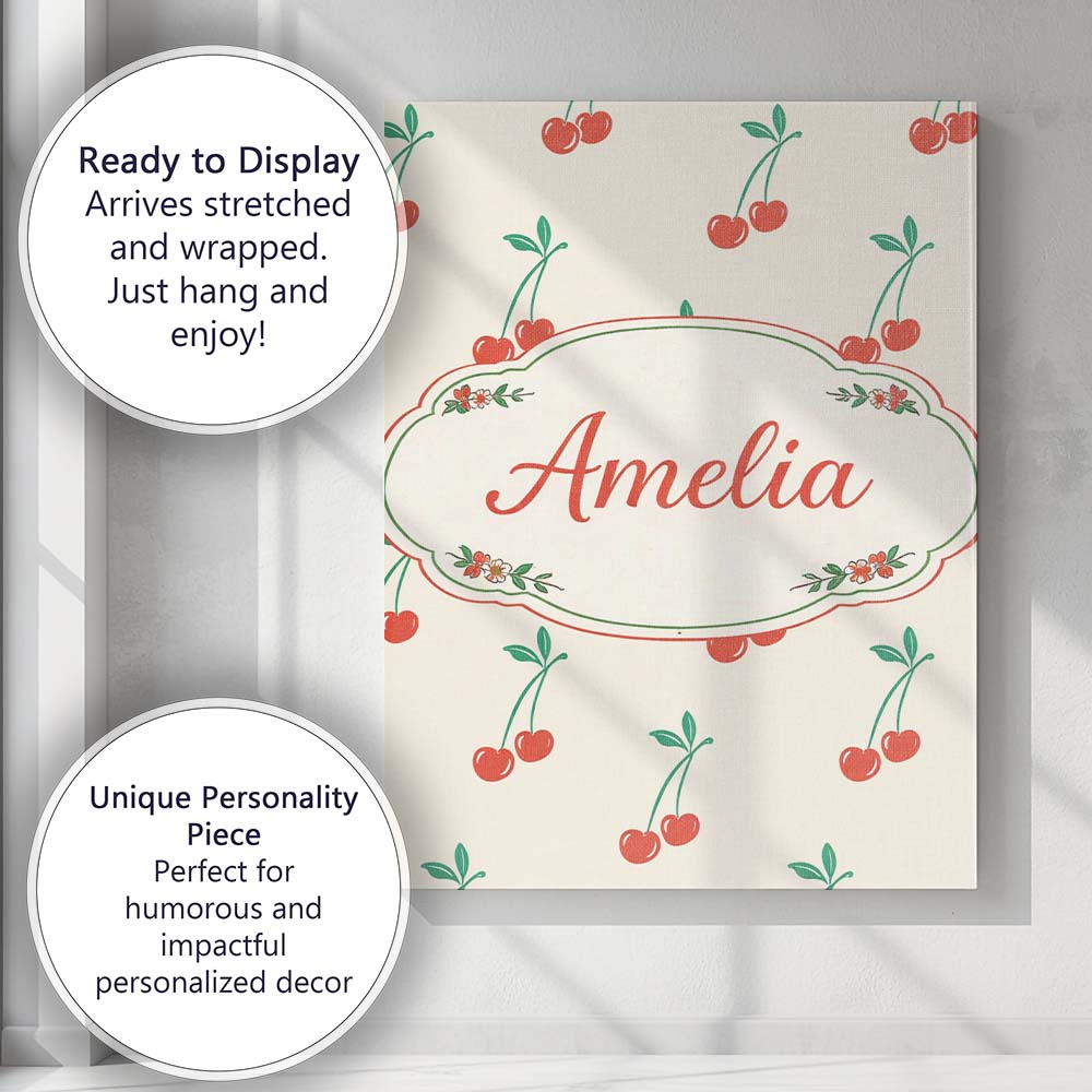 Personalised Name Cute Cherry Fruit Minimal Seamless Pattern Stylish Custom Home Canvas Wall Art Print Decor Picture Ready to Hang