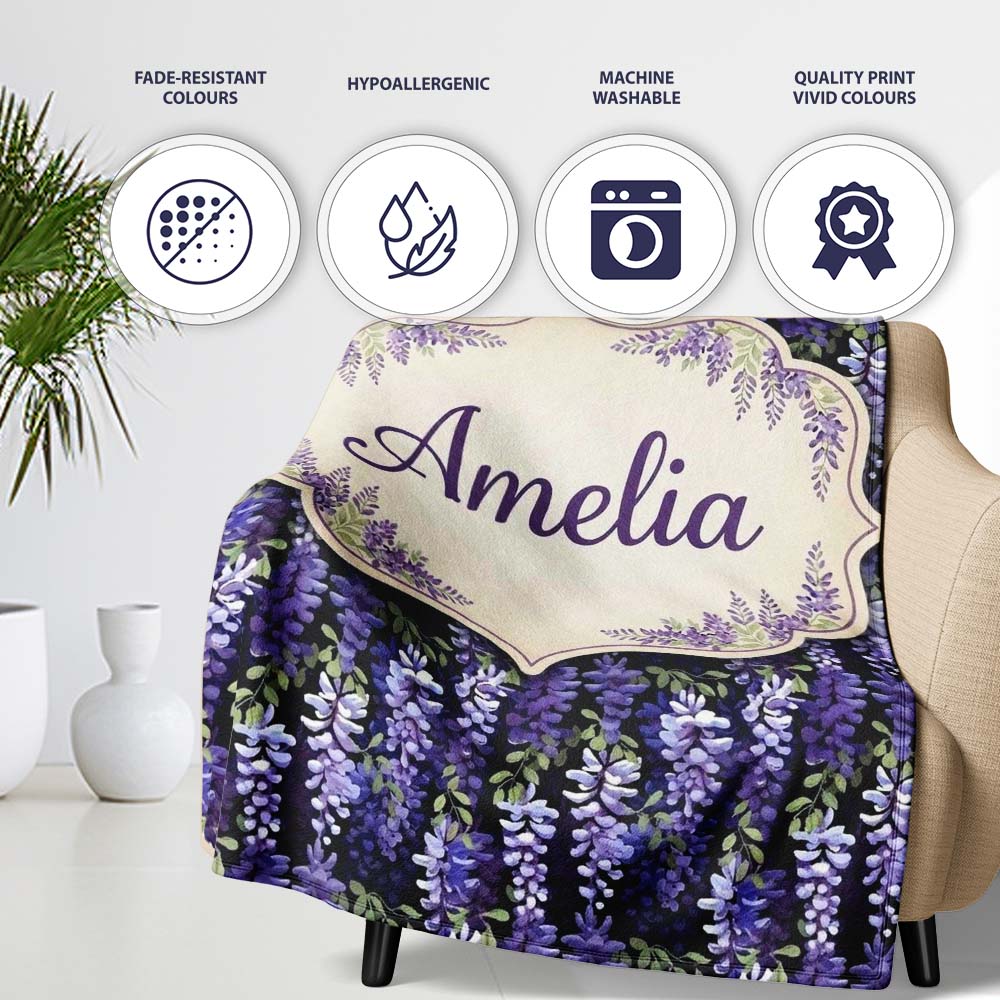 Dark Purple Wisteria Hanging Blossoms on Night Background Seamless Personalised Custom Name Super Soft Fleece Blanket Bed Sofa Throw