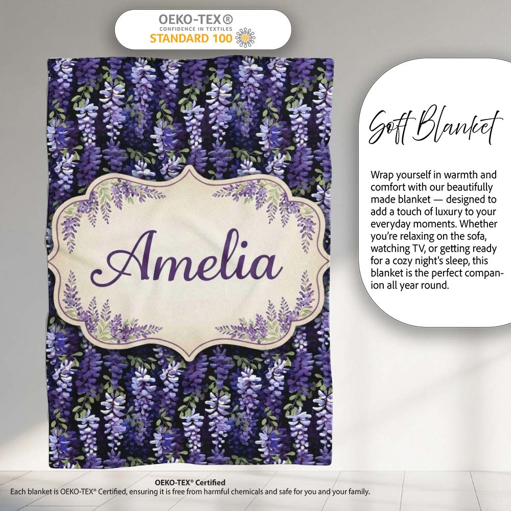 Dark Purple Wisteria Hanging Blossoms on Night Background Seamless Personalised Custom Name Super Soft Fleece Blanket Bed Sofa Throw