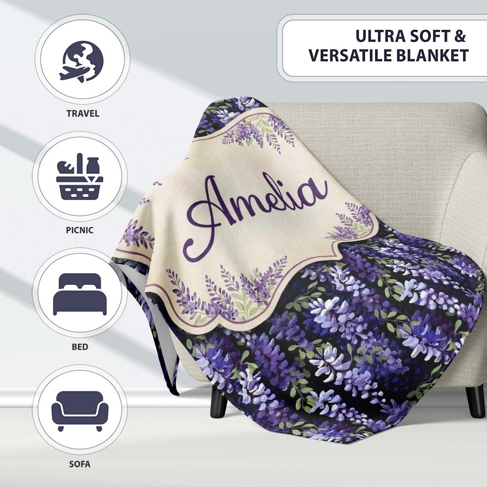 Dark Purple Wisteria Hanging Blossoms on Night Background Seamless Personalised Custom Name Super Soft Fleece Blanket Bed Sofa Throw
