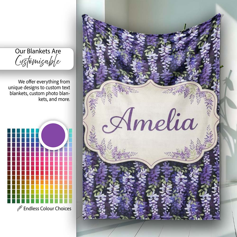 Dark Purple Wisteria Hanging Blossoms on Night Background Seamless Personalised Custom Name Super Soft Fleece Blanket Bed Sofa Throw
